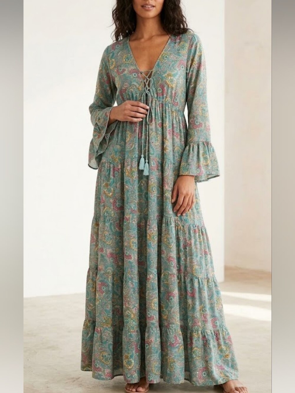 Boemo Paisley Lace-Up Maxi Dress Green Teal Cottagecore Paisant Tasell Sz M
